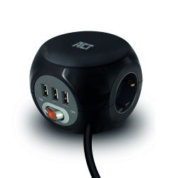 VIERKANTE STEKKERDOOS (PDU) MET 3 SOCKETS TYPE F, 3 USB-A POORTEN, 1,5M, ZWART
