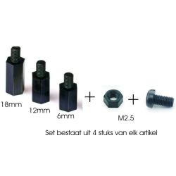 MONTAGE SET RASPBERRY M2.5 AFSTANDBUS 6MM+12MM+18MM+BOUT+MOER KUNSTSTOF ZWART VAN ELK 4 STUKS