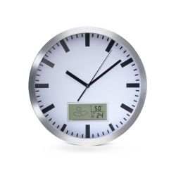 ALUMINIUM WANDKLOK MET LCD-DISPLAY EN THERMOMETER, HYGROMETER & WEERSVOORSPELLING -  25 CM