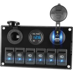 DUAL USB/USB-C FAST CHARGE INBOUW SIGARETTEN STOPCONTACT METVOLTMETER + 6X SCHAKELAAR