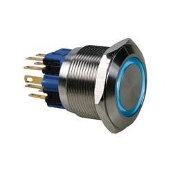 MOMENT 1X NO+1X NC 230VAC/5A MET BLAUW VERLICHTE RING LED 12V RVS BORING 25MM