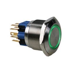 MOMENT 1X NO+1X NC 230VAC/5A MET GROEN VERLICHTE RING LED 12V RVS BORING 25MM