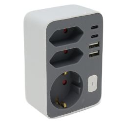 STEKKERADAPTER MULTI +USB +USB-C WIT/GRIJS