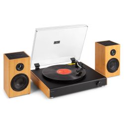 VINTAGE RECORD PLAYER WITH WIRELESS BT SPEAKERS BAMBOO