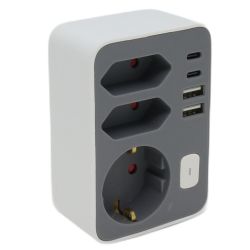 STEKKERADAPTER MULTI +USB +USB-C WIT/GRIJS